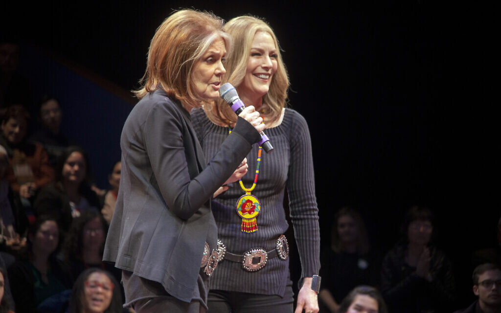 Gloria Steinem (l) surprised the audience on opening night of 'Gloria: A Life,' with Patricia Kalember, who plays the feminist icon in the show by Emily Mann and directed by Diane Paulus. (OJ Slaughter/ Chris Rogers/courtesy American Repertory Theater)