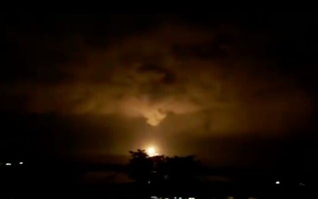 Screen capture from video of natural gas being burned off by flare from the Leviathan platform off the coast of Caesarea, February 11, 2020. (Twitter)