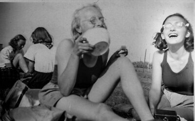 Margot Frank (right) with her Amsterdam rowing team in 1941; photo altered to spotlight Margot (photo: Roos van Gelder, courtesy of The Anne Frank House)