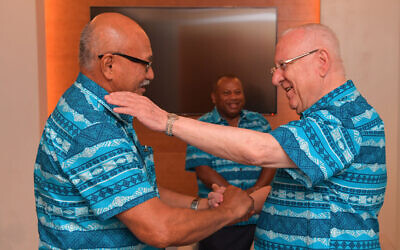 President Reuven Rivlin with Fiji's President Jioji Konrote, Fiji, February 20, 2020 (Kobi Gideon / GPO) President Reuven Rivlin with Fiji's President Jioji Konrote, Fiji, February 20, 2020 (Kobi Gideon / GPO)