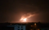 A fireball lights up the night sky near Damascus during an attack on a target near the capital on February 13, 2020. (Screen capture: Al-Ikhbariyah Syria TV)