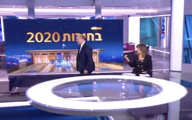 Defense Minister Naftali Bennett (L) walks out of an interview with Channel 12's Rina Matzliah on February 28, 2020. (Screen capture: Channel 12) Defense Minister Naftali Bennett (L) walks out of an interview with Channel 12's Rina Matzliah on February 28, 2020. (Screen capture: Channel 12)