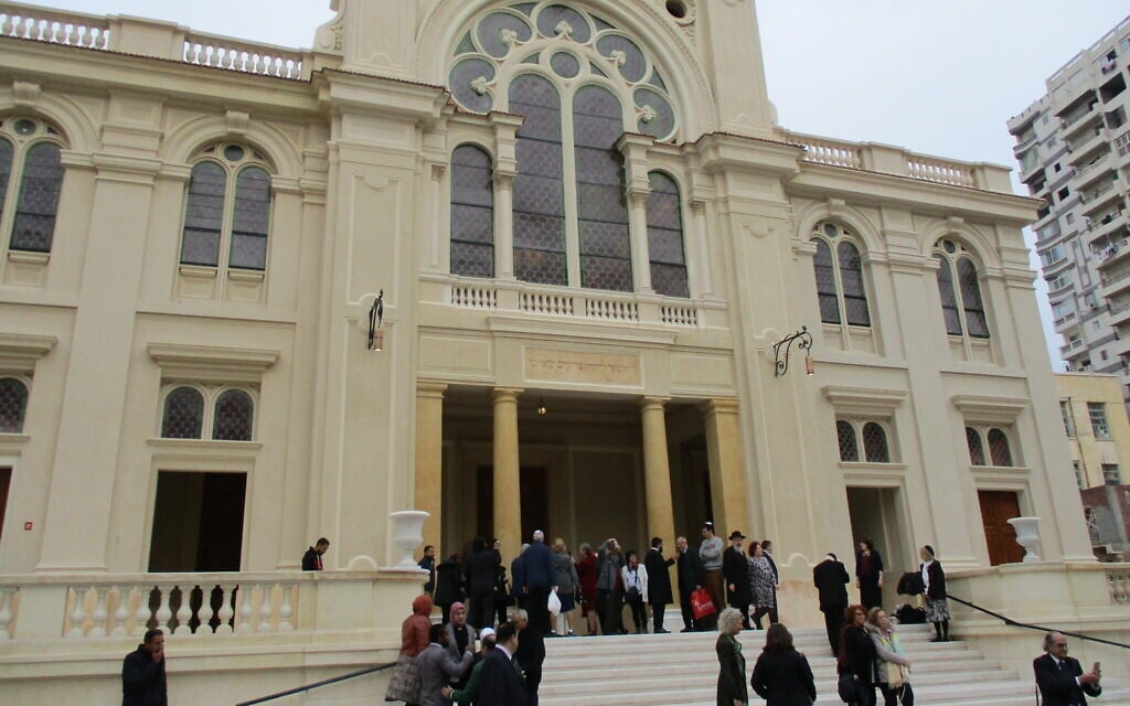 Visitors gather outside the newly renovated Eliyahu Hanavi synagogue in Alexandra, Egypt, February 14, 2020. (Courtesy)