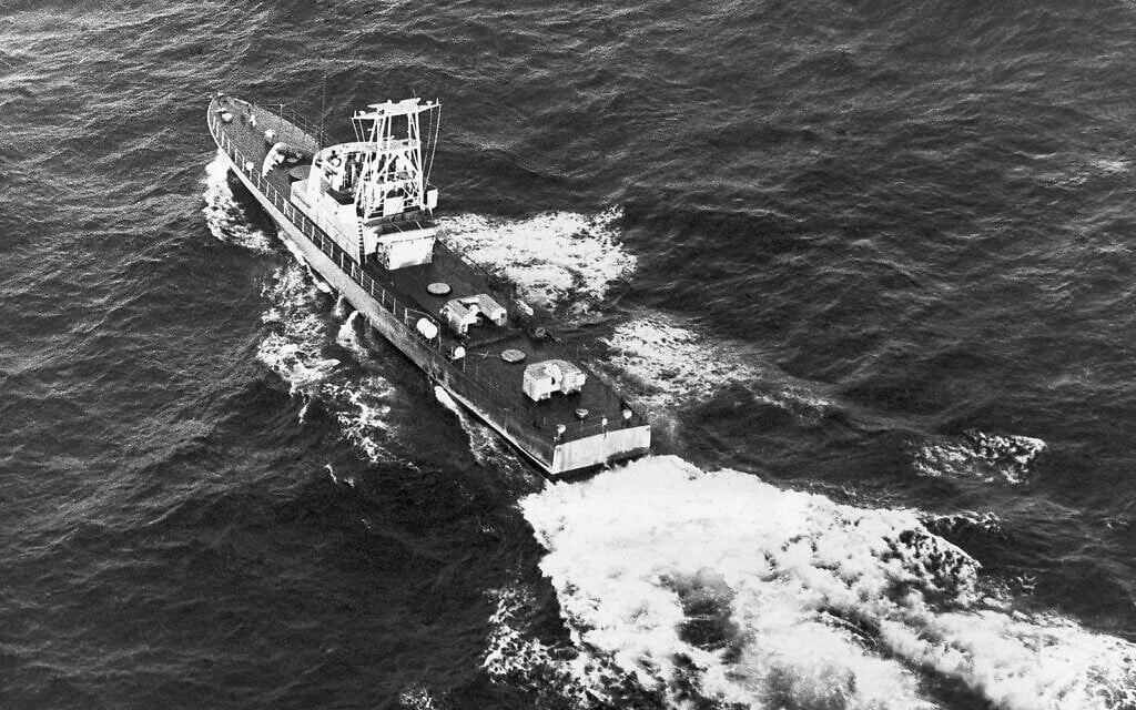 An Israeli gunboat, one of five that disappeared from the French port of Cherbourg on Christmas day, plows through choppy seas 40 miles west of Haifa, December 31, 1970. (AP/Brian Calvert)