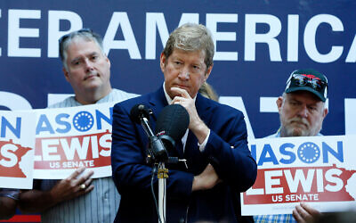 Republican and former US Congressman Jason Lewis announces his run for a Senate seat in Minnesota, August 22, 2019 at the State Fair in Falcon Heights, Minnesota. (AP Photo/Jim Mone)