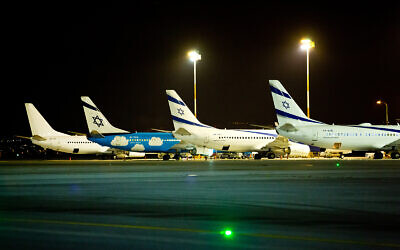 El Al planes at Ben Gurion International Airport in Lod, March 16, 2018. (Moshe Shai/Flash90)