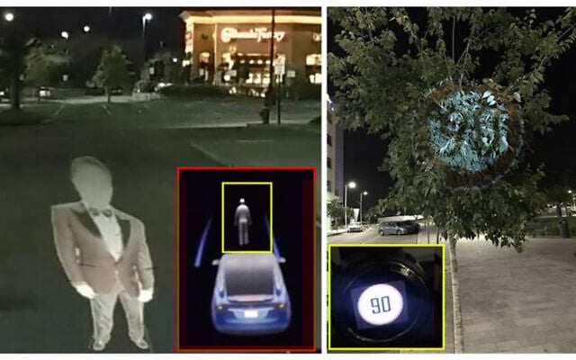 In a Ben-Gurion University study, a Telsa perceives a projected image as a real person, left, and Mobileye's 630 PRO autonomous vehicle system considers an image projected on a tree as a real road sign, right. In a Ben-Gurion University study, a Telsa perceives a projected image as a real person, left, and Mobileye's 630 PRO autonomous vehicle system considers an image projected on a tree as a real road sign, right.