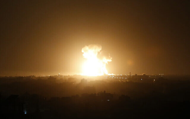An Israel airstrike in Rafah, southern Gaza Strip, February 23, 2020. (Said Khatib/AFP) An Israel airstrike in Rafah, southern Gaza Strip, February 23, 2020. (Said Khatib/AFP)