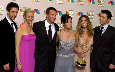 The stars of "Friends," from left, David Schwimmer, Lisa Kudrow, Matthew Perry, Courteney Cox Arquette, Jennifer Aniston and Matt LeBlanc in Los Angeles, Sept. 22, 2002. (AP Photo/Reed Saxon, file)