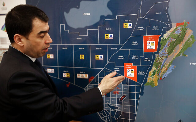 Lebanon's Energy Minister Cesar Abi Khalil, explains an offshore drilling map on disputed waters with Israe, Feb. 1, 2018. (AP Photo/Hussein Malla) Lebanon's Energy Minister Cesar Abi Khalil, explains an offshore drilling map on disputed waters with Israe, Feb. 1, 2018. (AP Photo/Hussein Malla)