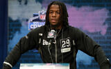 Alabama wide receiver Jerry Jeudy speaks during a press conference at the NFL football scouting combine in Indianapolis, Feb. 25, 2020. (AP Photo/Michael Conroy)