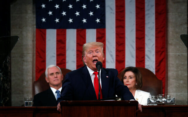 US President Donald Trump delivers his State of the Union address to a joint session of Congress in the House Chamber on Capitol Hill in Washington, February 4, 2020. (Leah Millis/Pool via AP) US President Donald Trump delivers his State of the Union address to a joint session of Congress in the House Chamber on Capitol Hill in Washington, February 4, 2020. (Leah Millis/Pool via AP)