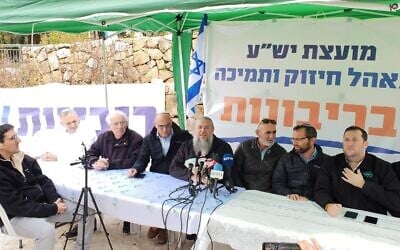 Settler leaders sit at their pro sovereignty tent outside the Prime Minister's Office in Jerusalem on February 4, 2020. (Gush Etzion Regional Council)