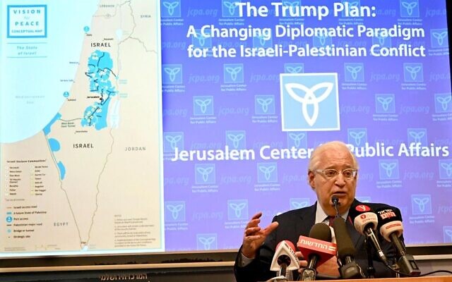 US Ambassador to Israel David Friedman addressing a briefing hosted by the Jerusalem Center for Public Affairs, February 9, 2020 (Matty Stern/U.S. Embassy Jerusalem) US Ambassador to Israel David Friedman addressing a briefing hosted by the Jerusalem Center for Public Affairs, February 9, 2020 (Matty Stern/U.S. Embassy Jerusalem)
