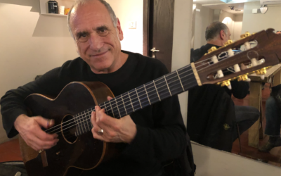 Guitarist David Broza in Jerusalem's Zappa Club on February 8, 2020, before a performance (Jessica Steinberg/Times of Israel)