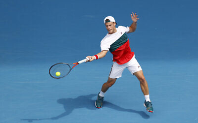 Diego Schwartzman of Argentina in action during his Men's Singles fourth round match against Novak Djokovic of Serbia on day seven of the 2020 Australian Open at Melbourne Park on January 26, 2020 in Melbourne, Australia. (Fred Lee/Getty Images via JTA)