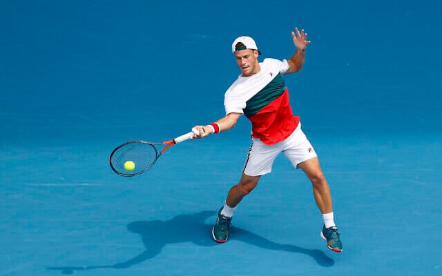 Diego Schwartzman of Argentina in action during his Men's Singles fourth round match against Novak Djokovic of Serbia on day seven of the 2020 Australian Open at Melbourne Park on January 26, 2020 in Melbourne, Australia. (Fred Lee/Getty Images via JTA)