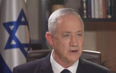 Blue and White leader Benny Gantz gives television interview, February 15, 2020 (Screen grab/Channel 12 news)