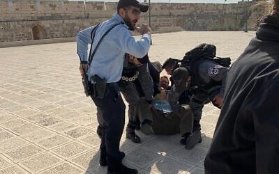 Former Likud MK Yehudah Glick is arrested on the Temple Mount in Jerusalem on February 18, 2020. (Courtesy) Former Likud MK Yehudah Glick is arrested on the Temple Mount in Jerusalem on February 18, 2020. (Courtesy)