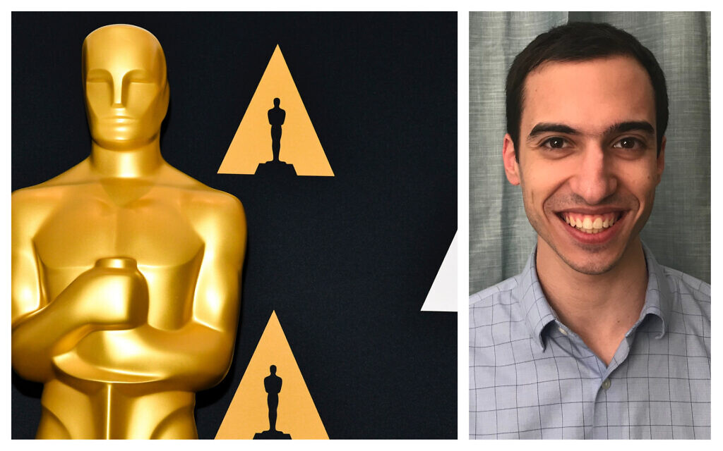 An Oscar statue at the Samuel Goldwyn Theater in Beverly Hills, California, February 4, 2020; Ben Zauzmer works during the day as a baseball analyst for the Los Angeles Dodgers. (Rodin Eckenroth/Getty Images/via JTA/ Courtesy of Zauzmer/ via JTA) An Oscar statue at the Samuel Goldwyn Theater in Beverly Hills, California, February 4, 2020; Ben Zauzmer works during the day as a baseball analyst for the Los Angeles Dodgers. (Rodin Eckenroth/Getty Images/via JTA/ Courtesy of Zauzmer/ via JTA)