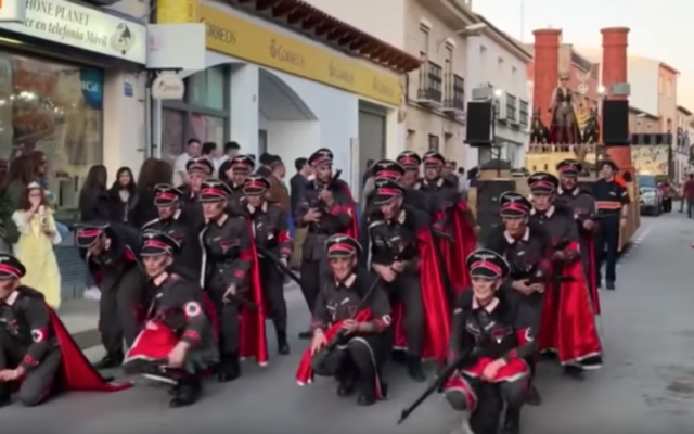 Carnival float in the Spanish town of Campo de Criptana features uniforms of Nazis, concentration camp inmates and crematoria trains, in February 2020. (YouTube screenshot via JTA)