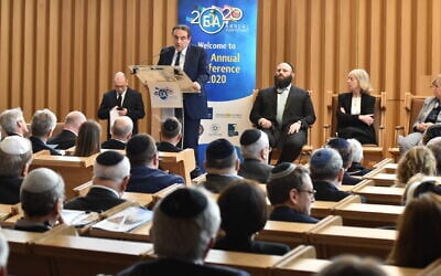 Consistoire President Joel Mergui addresses the European Jewish Association annual conference in Paris on February 25, 2020. (Yoni Rykner)
