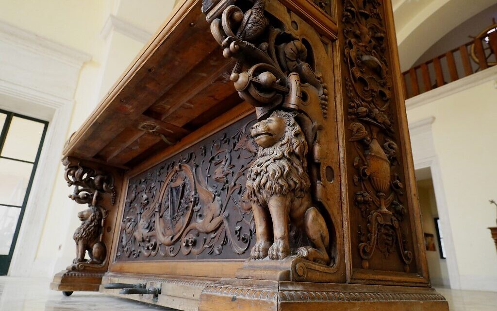 Carvings adorning the Piano of Siena, a 19th century instrument that disappeared for decades and was expected to fetch more than $1 million when put up for auction, seen in a home in the Israeli coastal city of Caesarea, February 18, 2020. (JACK GUEZ / AFP)