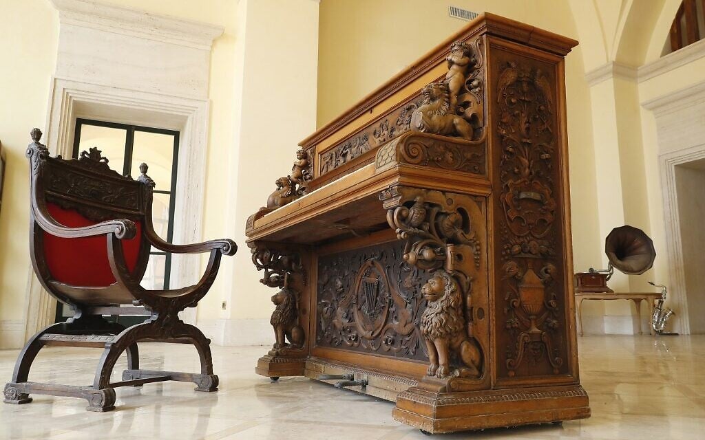 The Piano of Siena, a 19th century instrument that disappeared for decades and was expected to fetch more than $1 million when put up for auction, seen in a home in the Israeli coastal city of Caesarea, February 18, 2020. (JACK GUEZ / AFP)