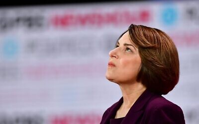 Democratic presidential hopeful Minnesota Senator Amy Klobuchar looks on ahead of the sixth Democratic primary debate of the 2020 presidential campaign season co-hosted by PBS NewsHour and Politico at Loyola Marymount University in Los Angeles, California, December 19, 2019. (Frederic J. Brown/AFP)