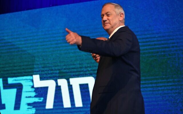 Blue and White leader Benny Gantz at the party's post-election event in Tel Aviv on March 3, 2020. (Gali Tibbon/AFP)
