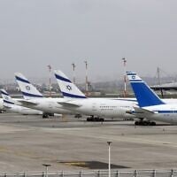 El Al Airlines' Boeing 737s are pictured on the tarmac at Ben Gurion International Airport near Tel Aviv, March 10, 2020. (Jack Guez/ AFP/ File)