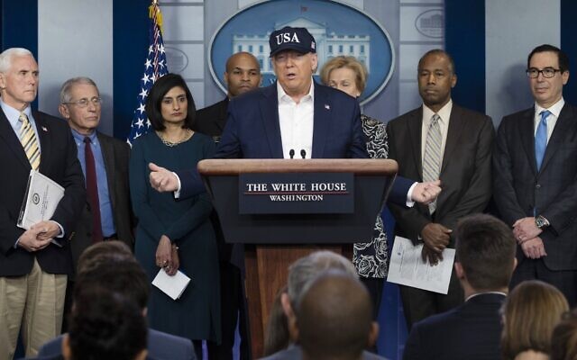 US President Donald Trump gives a press briefing about the Coronavirus alongside members of the Coronavirus Task Force in the Brady Press Briefing Room at the White House in Washington, DC, March 14, 2020 (JIM WATSON / AFP) US President Donald Trump gives a press briefing about the Coronavirus alongside members of the Coronavirus Task Force in the Brady Press Briefing Room at the White House in Washington, DC, March 14, 2020 (JIM WATSON / AFP)