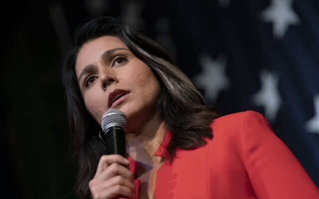 Democratic presidential Tulsi Gabbard speaks at the Wing Ding Dinner in Clear Lake, Iowa, August 9, 2019. (Alex Edelman/AFP) Democratic presidential Tulsi Gabbard speaks at the Wing Ding Dinner in Clear Lake, Iowa, August 9, 2019. (Alex Edelman/AFP)