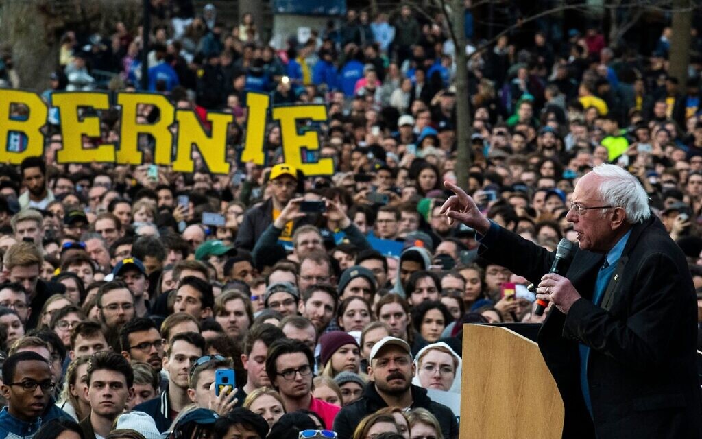 Democratic presidential candidate Bernie Sanders addresses supporters during a campaign rally in Ann Arbor, Mich., March 8, 2020. (Brittany Greeson/Getty Images via JTA) Democratic presidential candidate Bernie Sanders addresses supporters during a campaign rally in Ann Arbor, Mich., March 8, 2020. (Brittany Greeson/Getty Images via JTA)