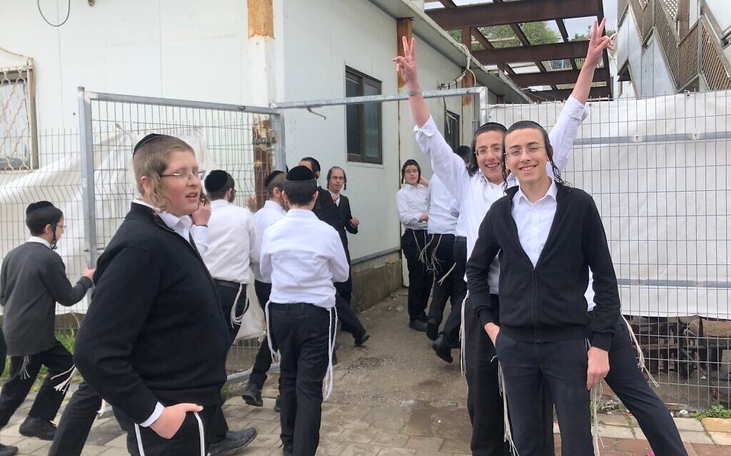 Some of the students at a haredi boys school in Ramat Beit Shemesh Bet, just west of Jerusalem, on March 18, 2020. (Sam Sokol/JTA) Some of the students at a haredi boys school in Ramat Beit Shemesh Bet, just west of Jerusalem, on March 18, 2020. (Sam Sokol/JTA)