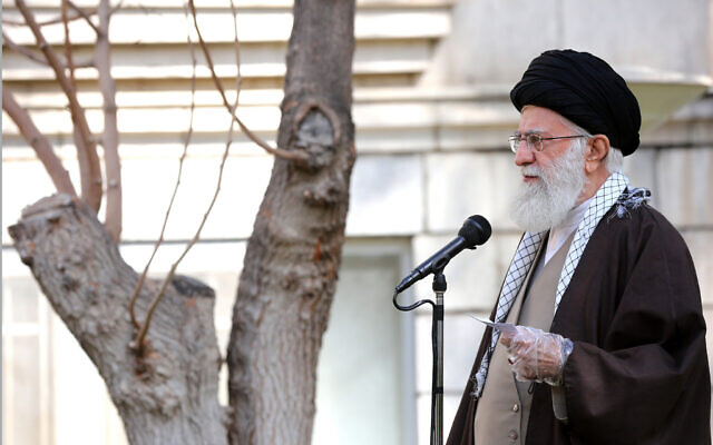 Supreme Leader Ayatollah Ali Khamenei, wearing plastic gloves, speaks during a tree planting ceremony in Tehran, Iran, March 3, 2020. I(Office of the Iranian Supreme Leader via AP) Supreme Leader Ayatollah Ali Khamenei, wearing plastic gloves, speaks during a tree planting ceremony in Tehran, Iran, March 3, 2020. I(Office of the Iranian Supreme Leader via AP)