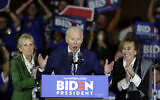 Then-Democratic US presidential candidate and former Vice President Joe Biden speaks at a primary election night campaign rally Tuesday, March 3, 2020, in Los Angeles, California. (AP Photo/Chris Carlson)