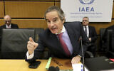 Director general of International Atomic Energy Agency, Rafael Grossi, speaks before the start of the IAEA board of governors meeting at the International Center in Vienna, Austria, March 9, 2020. (AP Photo/Ronald Zak)