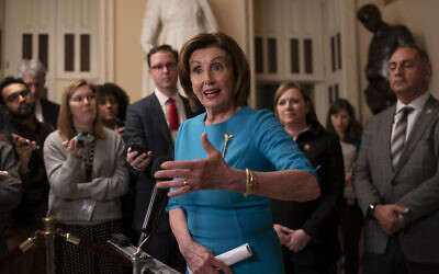 Speaker of the House Nancy Pelosi, a Democrat of California, makes a statement ahead of a planned late-night vote on the coronavirus aid package deal at the Capitol in Washington, March 13, 2020. (AP/J. Scott Applewhite)