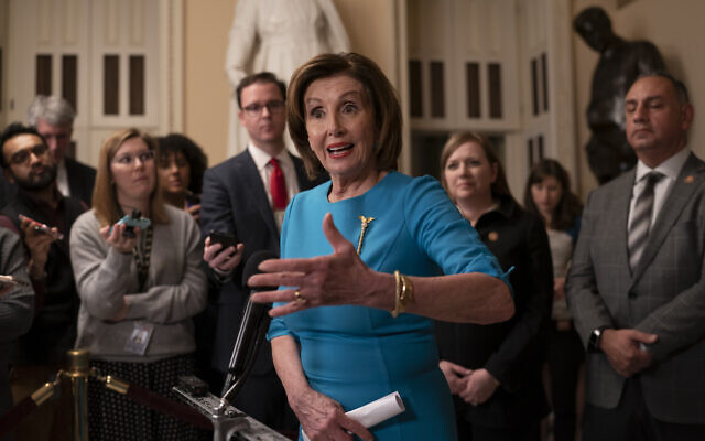 Speaker of the House Nancy Pelosi, a Democrat of California, makes a statement ahead of a planned late-night vote on the coronavirus aid package deal at the Capitol in Washington, March 13, 2020. (AP/J. Scott Applewhite) Speaker of the House Nancy Pelosi, a Democrat of California, makes a statement ahead of a planned late-night vote on the coronavirus aid package deal at the Capitol in Washington, March 13, 2020. (AP/J. Scott Applewhite)