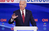 Former US Vice President Joe Biden participates in a Democratic presidential primary debate at CNN Studios in Washington, March 15, 2020. (AP/Evan Vucci)