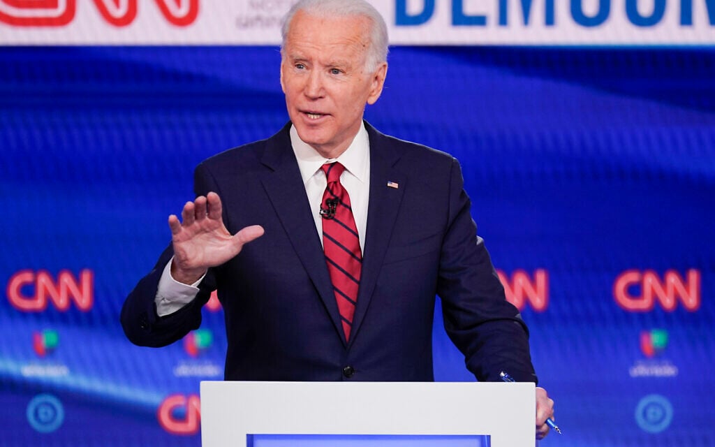 Former Vice President Joe Biden participates in a Democratic presidential primary debate at CNN Studios in Washington, March 15, 2020. (AP/Evan Vucci) Former Vice President Joe Biden participates in a Democratic presidential primary debate at CNN Studios in Washington, March 15, 2020. (AP/Evan Vucci)