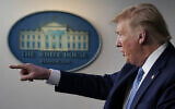 US President Donald Trump speaks during a press briefing with the coronavirus task force, in the Brady press briefing room at the White House, in Washington, March 16, 2020. (Evan Vucci/AP)