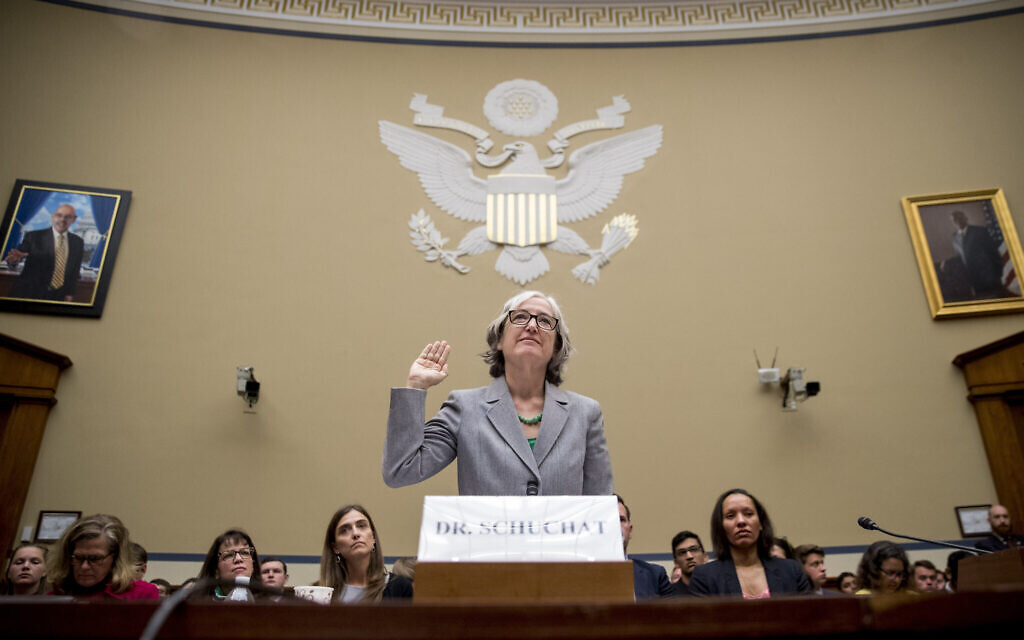 CDC Principal Deputy Secretary Dr. Anne Schuchat is sworn in as she appears before a House Oversight subcommittee hearing on lung disease and e-cigarettes on Capitol Hill in Washington, Tuesday, September 24, 2019. (AP Photo/Andrew Harnik)