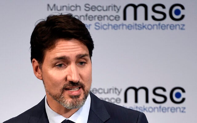 Justin Trudeau, Prime Minister of Canada, speaks on the first day of the Munich Security Conference in Munich, Germany, February 14, 2020. (AP/Jens Meyer) Justin Trudeau, Prime Minister of Canada, speaks on the first day of the Munich Security Conference in Munich, Germany, February 14, 2020. (AP/Jens Meyer)