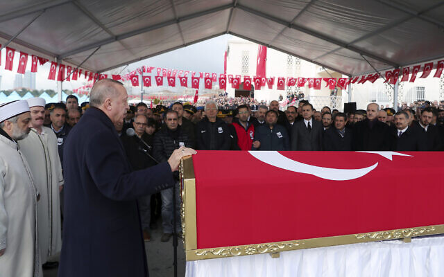 Turkey's President Recep Tayyip Erdogan speaks during funeral prayers for Emre Baysal, one the 36 Turkish soldiers killed two days earlier in a Syrian army attack in the Idlib area of Syria, seen here in Istanbul,  February 29, 2020. (Presidential Press Service via AP, Pool)