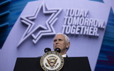 Illustrative: Vice President Mike Pence speaks at the American Israel Public Affairs Committee (AIPAC) 2020 Conference, in Washington, March 2, 2020. (Alex Brandon/AP)