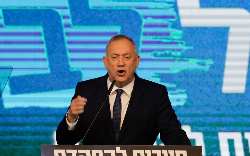 Blue and White party leader Benny Gantz speaks after exit polls for the Knesset elections at party's headquarters in Tel Aviv, Israel, March 3, 2020. (AP/Sebastian Scheiner) Blue and White party leader Benny Gantz speaks after exit polls for the Knesset elections at party's headquarters in Tel Aviv, Israel, March 3, 2020. (AP/Sebastian Scheiner)