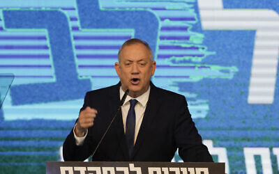 Blue and White party leader Benny Gantz speaks after exit polls for the Knesset elections at party's headquarters in Tel Aviv, Israel, March 3, 2020. (AP/Sebastian Scheiner)