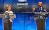 European Commission President Ursula von der Leyen (L) and European Council President Charles Michel (R)  participate in a media conference at the European Council building in Brussels, March 9, 2020 (AP/Olivier Matthys)